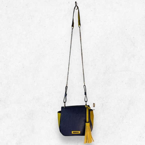 Kate Landry Navy Blue Mustard Yellow Faux Leather Magnetic Crossbody Bag‎ Purse - Picture 3 of 14